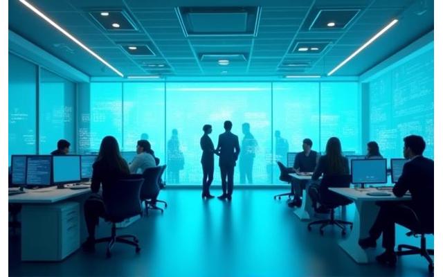 人々がデジタルデータを分析し、AIの成長とイノベーションを象徴する、抽象的なデジタルインターフェースを持つ現代的なオフィスのコンタクトセンター。