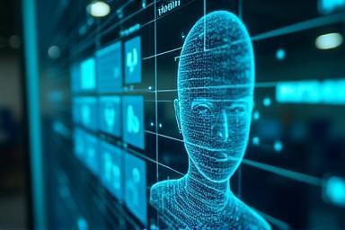 コンピュータビジョン技術を象徴する、画像認識と顔検出のグラフィックインターフェース